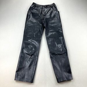 Vintage Leather Pants Womens 26 Black Pleated Straight Leg High Rise Genuine 90s